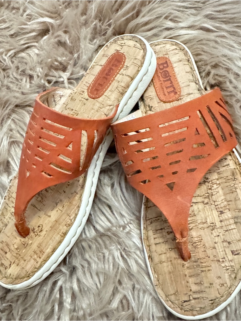 Born Orangish Laser-Cut Leather Thong Sandals, Women’s Sz 6